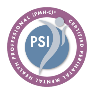 seal showing the postpartum support international perinatal mental health certified logo giving credibility to Dr. Rachel Dillinger MD PMH-C for perinatal mood and anxiety disorders