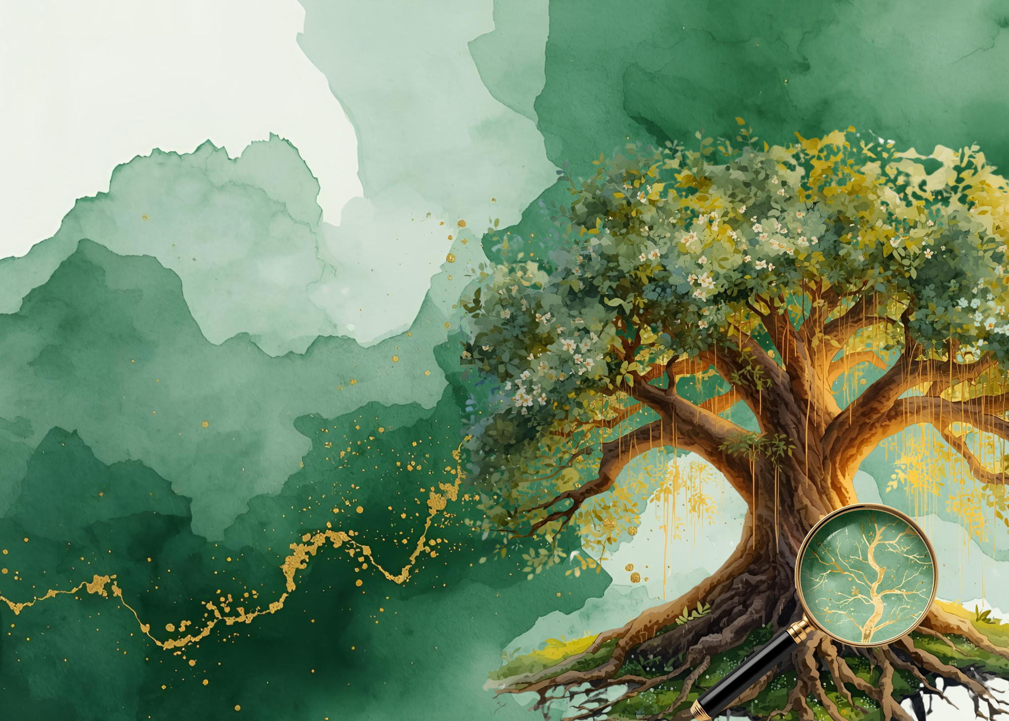 A tree with a magnifying glass exploring its roots