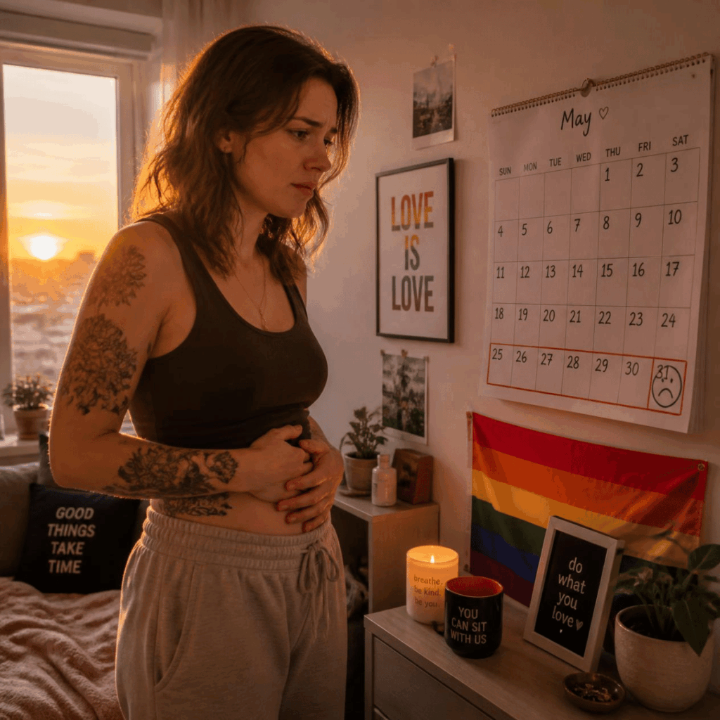 A person stares at a calendar with an apprehensive expression on their face, as the calendar has the luteal phase marked with sad faces due to PMS, PMDD, or PME