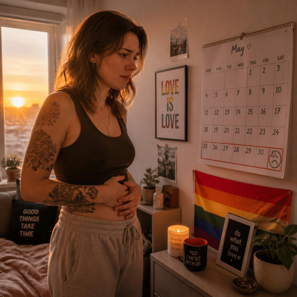A person stares at a calendar with an apprehensive expression on their face, as the calendar has the luteal phase marked with sad faces due to PMS, PMDD, or PME